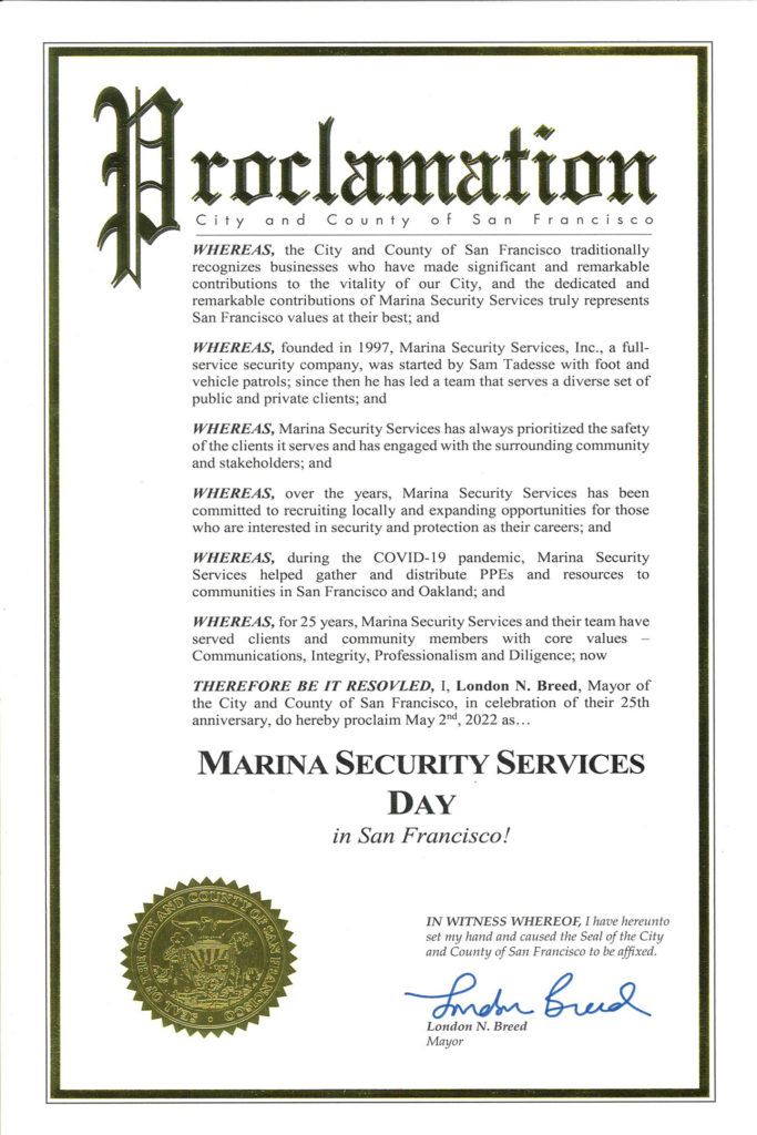 May 2 is Marina Security Services Day in San Francisco