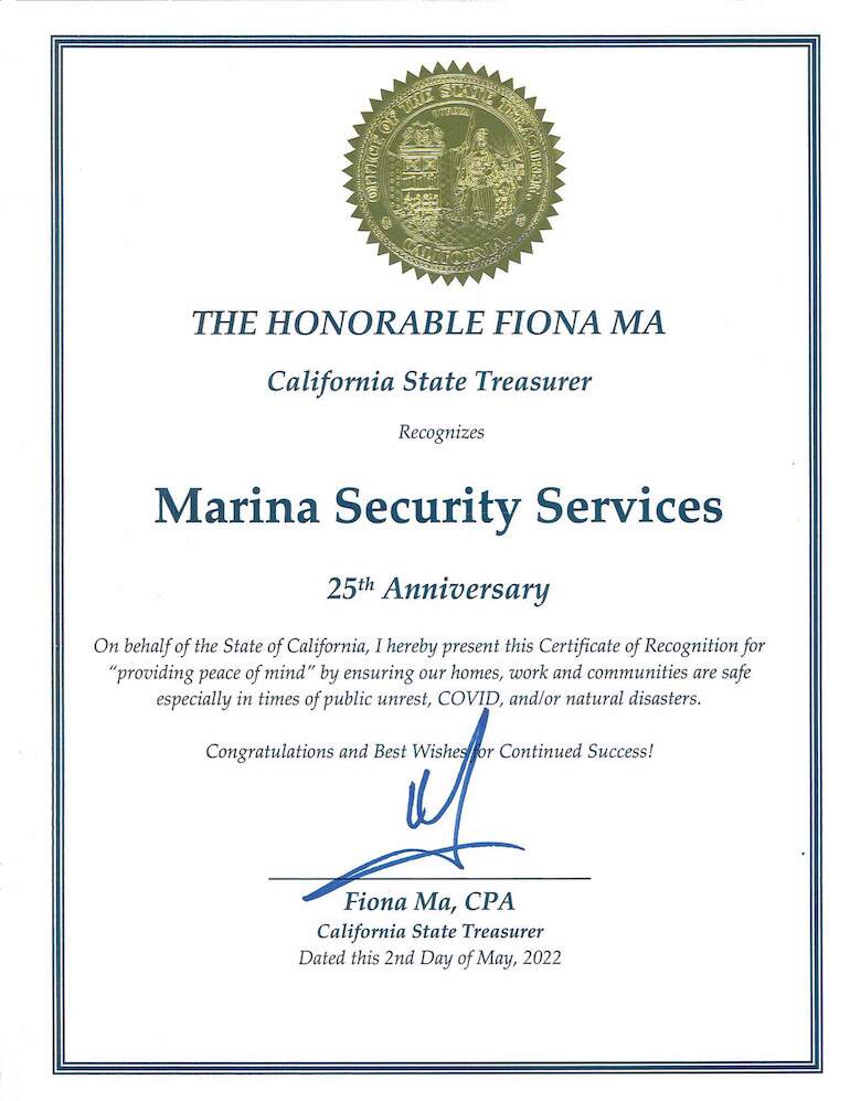 State Treasurer Fiona Ma Recognizes Marina Security for Providing Peace of Mind