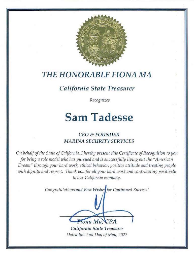 State Treasurer Fiona Ma Recognizes Sam Tadesse as a Role Model