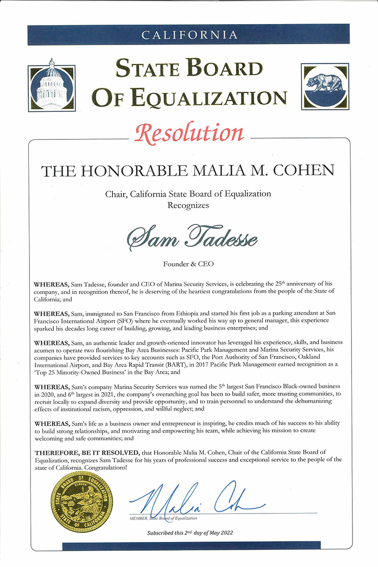 State Board of Equalization Malia Cohen Recognizes Sam Tadesse